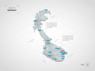 Isometric  3D Norway map. Stylized vector map illustration with cities, borders, capital, administrative divisions and pointer marks; gradient background with grid.