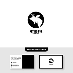 Flying Pig Logo Vector Template, Free Business Card Mockup