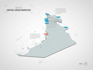 Isometric  3D United Arab Emirates map. Stylized vector map illustration with cities, borders, capital, administrative divisions and pointer marks; gradient background with grid.