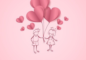 Cute postcard with hand drawn funny couple and 3D paper hearts. Drawn man gives balloons in the form of hearts to his girlfriend. Concept design for happy Valentine's day.