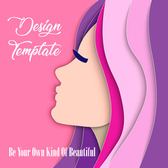 Obraz premium Face of beautiful young woman with pink- violet hair. Vector illustration of paper cut style. Girl's face with closed eyes and plump lips. Template design banner, card, poster, cover. Vector.