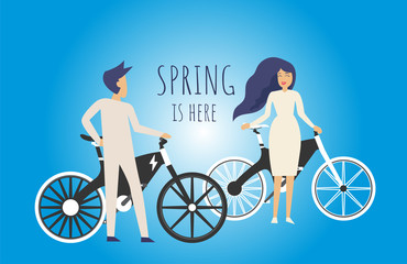Spring is here cartoon picture with man and woman, bicycle, electric bici, eco cycle on blue background. Vector illustranion. Flat design.