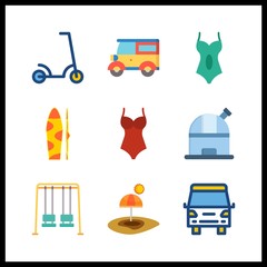 9 travel icon. Vector illustration travel set. car and beach icons for travel works