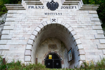 Old entrance to the Franz Josef salt mine above Hallstatt, Austria. Built in 1856, above Hallstatt, Salzkammergut, Austria, Europe.