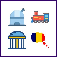 4 museum icon. Vector illustration museum set. locomotive and observatory icons for museum works