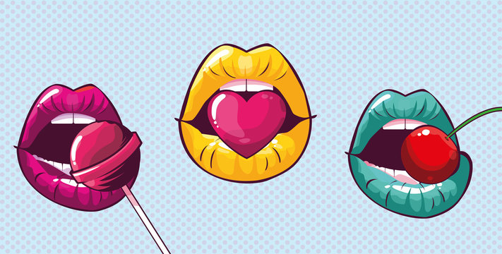 set of sexy woman mouths pop art style