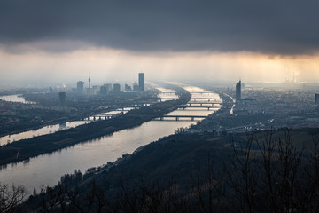 Dramatic sky over Vienna in winter as seen from Leopoldsberg