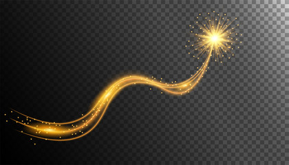 Transparent glow light effect.Gold glitter powder splash background. Golden dust. Magic mist glowing. Shimmering waves with Glittering star dust trail. vector abstract 