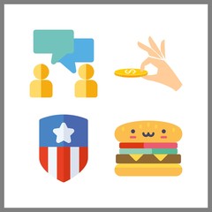 4 american icon. Vector illustration american set. conversation and hamburger icons for american works