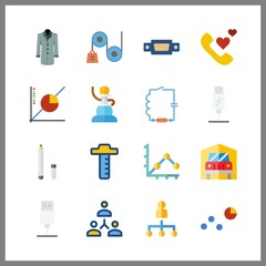16 line icon. Vector illustration line set. wiring and phone call icons for line works