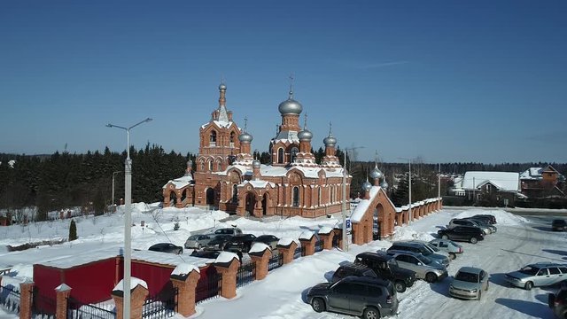 Aerial view video of the Church Exaltation of the Holy cross Church in Darna village, Moscow region, Russia