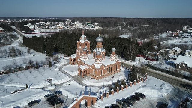 Aerial view video of the Church Exaltation of the Holy cross Church in Darna village, Moscow region, Russia