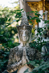buddhist statues in forest, deep meditation in jungle, peace and nature