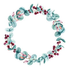Wreath with Watercolor Berry and Eucalyptus True Blue