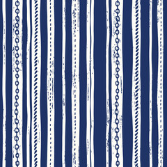 Hand-Drawn Rope and Chains Uneven Vertical Stripes Stripes Vector Seamless Pattern. Monochrome Blue Marine Background