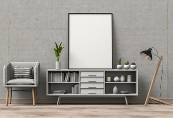 3D render of living Room mockup blank poster.