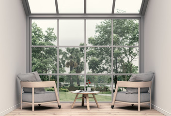Interior living room and park landscape. 3D rendering
