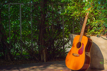 Acoustic guitar that is placed in the garden at home