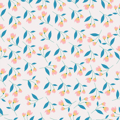 small pink flower and leaves seamless pattern