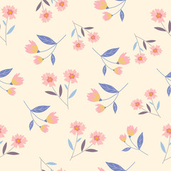 small pink flower and leaves seamless pattern