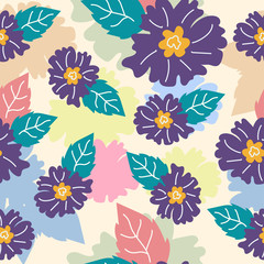 violet flower and leaves seamless pattern