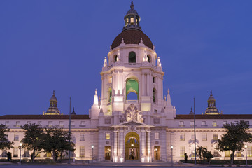 Fototapeta na wymiar Vibrant image taken at twilight of the Pasadena City Hall in Los Angeles county.