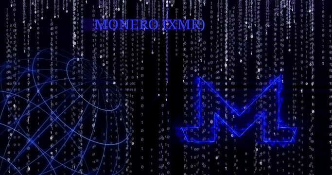 Glowing Monero (XMR) symbol against the falling binary code symbols