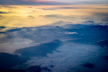 Morning fog of mountains aerial view