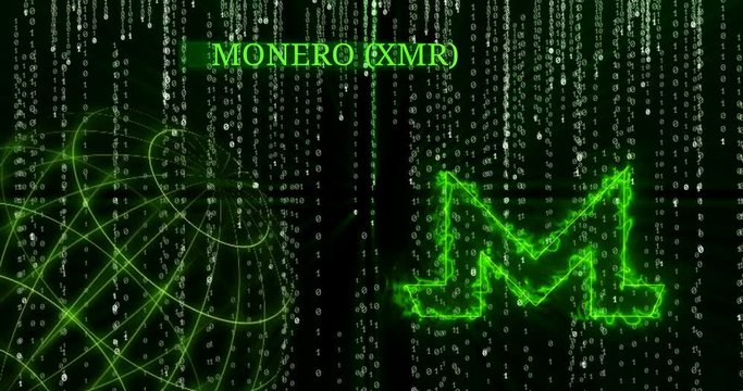 Glowing Monero (XMR) symbol against the falling binary code symbols