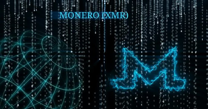 Glowing Monero (XMR) symbol against falling binary code symbols
