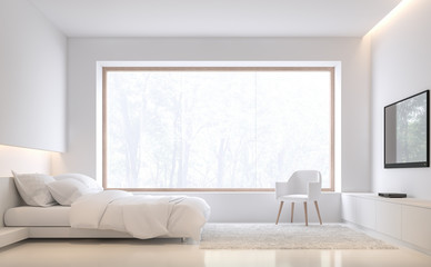 Minimal style bedroom with nature 3d render,There are white floor and wall.Furnished with white bed set.There are large wood frame window overlooks to outside.