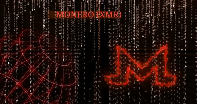 Glowing Monero (XMR) symbol against the falling binary code symbols