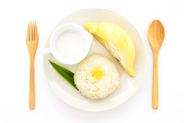 Thai sweet sticky rice with durian. Thai style tropical dessert, glutinous rice eat with durian isolated on white background