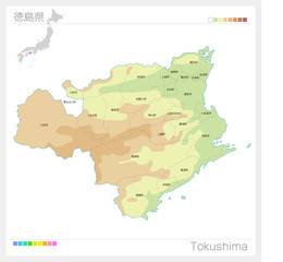 徳島県の地図（等高線・色分け・市町村・区分け）
