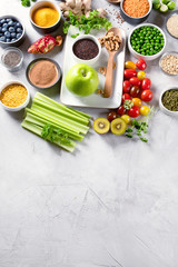 Vegetables, fruit, grain, superfoods for vegan and vegetarian eating.