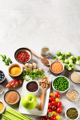 Vegetables, fruit, grain, superfoods for vegan and vegetarian eating.