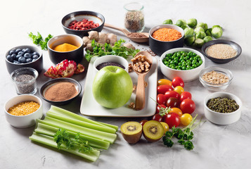 Vegetables, fruit, grain, superfoods for vegan and vegetarian eating.