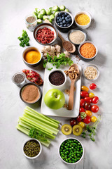 Fototapeta na wymiar Vegetables, fruit, grain, superfoods for vegan and vegetarian eating.