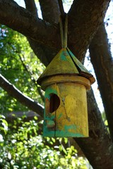 A brightly painted bamboo birdhouse in colors of green and yellow hangs from the branch of a leafy tree.