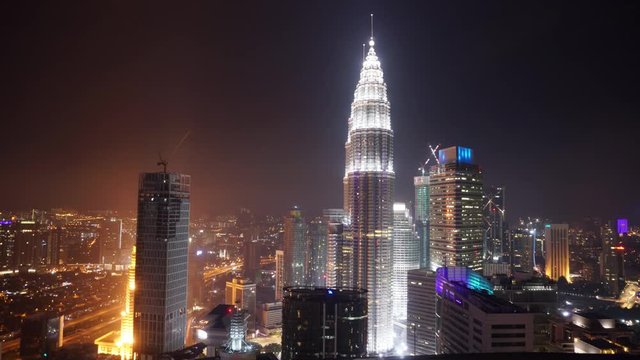 Time lapse on the roof of a skyscraper in Kuala Lumpur. Panorama of the city. Malaysia