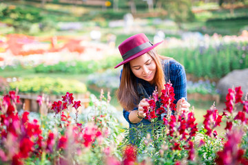 Fototapeta premium Young women and flower care in the garden that are blooming in the morning