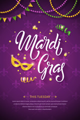 Mardi gras brochure. Fat tuesday greeting card with handwritten lettering logo and golden mask. Shining beads and flags on traditional colors background