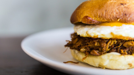 Pull Pork burger With French Fries on the white plate.