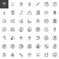 Allergy elements line icons set. linear style symbols collection, outline signs pack. vector graphics. Set includes icons as Allergen food, Runny nose, Dry eyes, Rash, Nasal spray, Inhalator, Dust