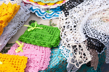 Folk art. Crocheted crochet products on counter