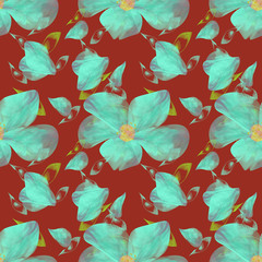 pattern con  fiori azzurri tropicali su sfondo rosso