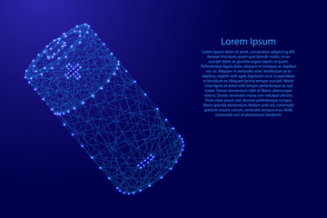 Battery power supply element from futuristic polygonal blue lines and glowing stars for banner, poster, greeting card. Vector illustration.
