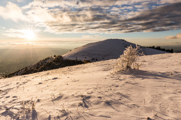 Fototapeta na wymiar Subasio mountain (Umbria, Italy) in winter, covered by snow, with plants and sun