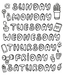 Hand drawn vector weekdays and elements for notebook, diary, calendar, schedule, sticker, bullet journal, and planner. Cute doodle days of the week set isolated on white background.