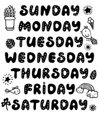Hand drawn vector weekdays and elements for notebook, diary, calendar, schedule, sticker, bullet journal, and planner.